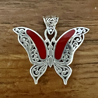 PD 15343 CR-(HANDMADE 925 BALI BUTTERFLY STERLING SILVER FILIGREE PENDANTS WITH CORAL)